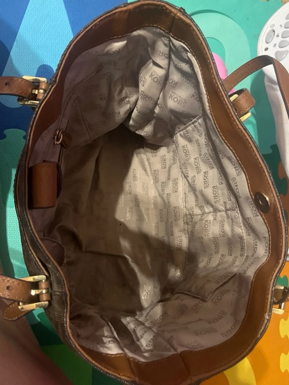 Michael Kors Brown Logo Canvas Tote with Tan Leather Accents